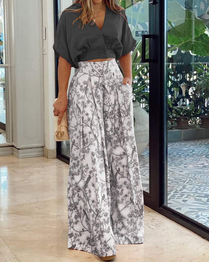 LAPEL TOP&PANTS TWO PIECE SET