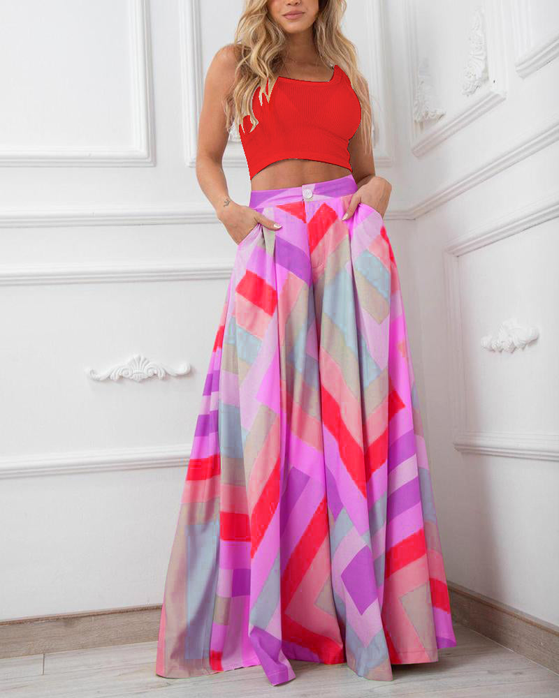 Casual Solid Color One Shoulder Top & Printed Wide Leg Pants Two Piece Set