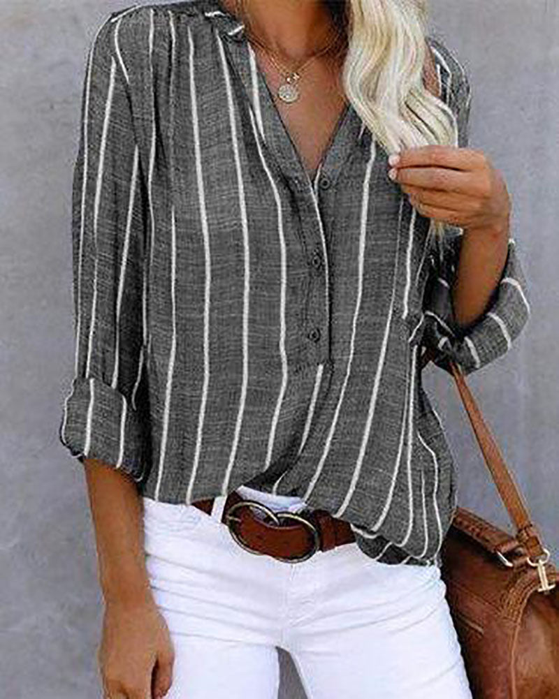 Stripe Printed Long Sleeve V-neck Blouse