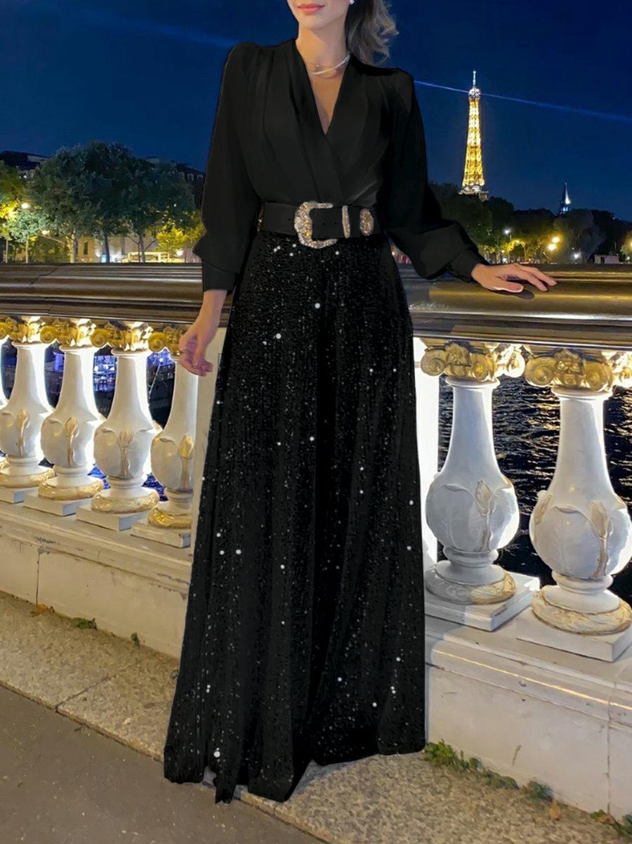 Stylish V-Neck Long Sleeve Shirt & Sequin Wide Leg Pants Two Piece Set