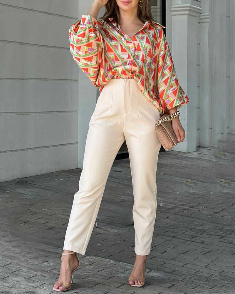 Two-piece set of long-sleeved printed shirt & slacks