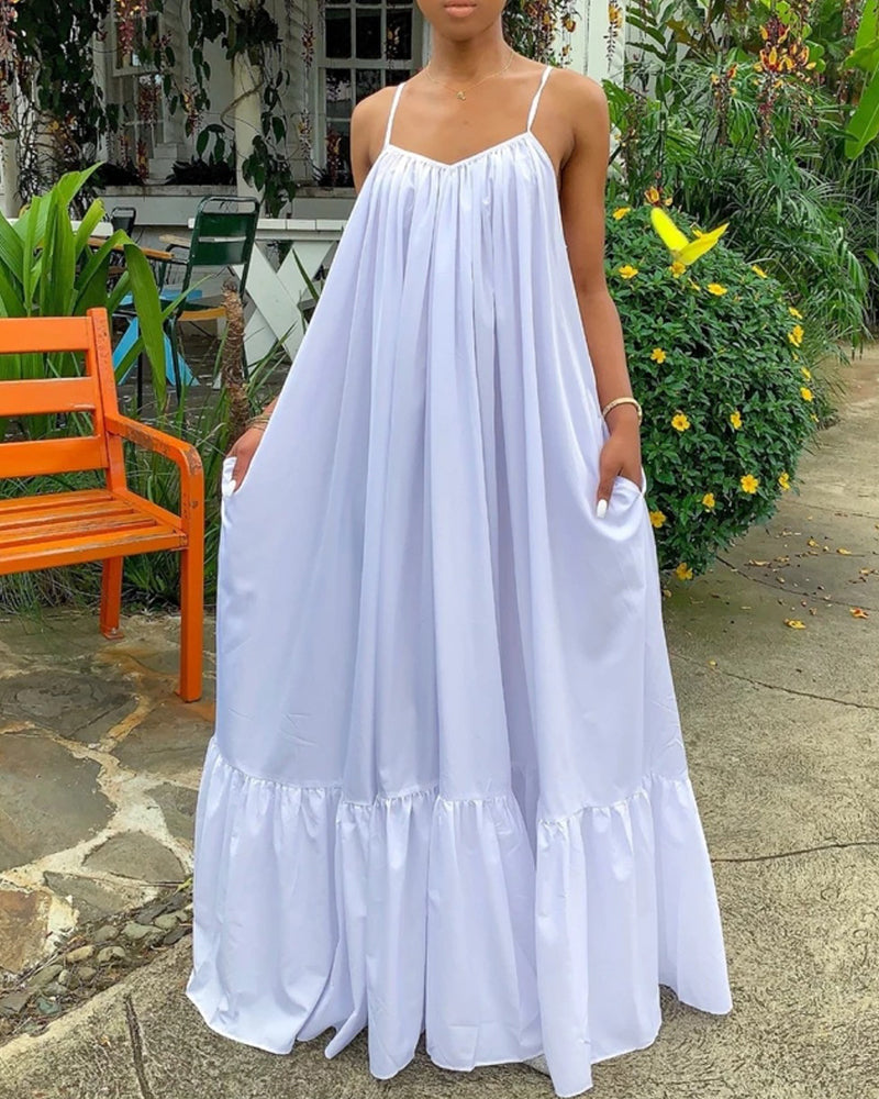 Sling Strap Solid Color Long Dress