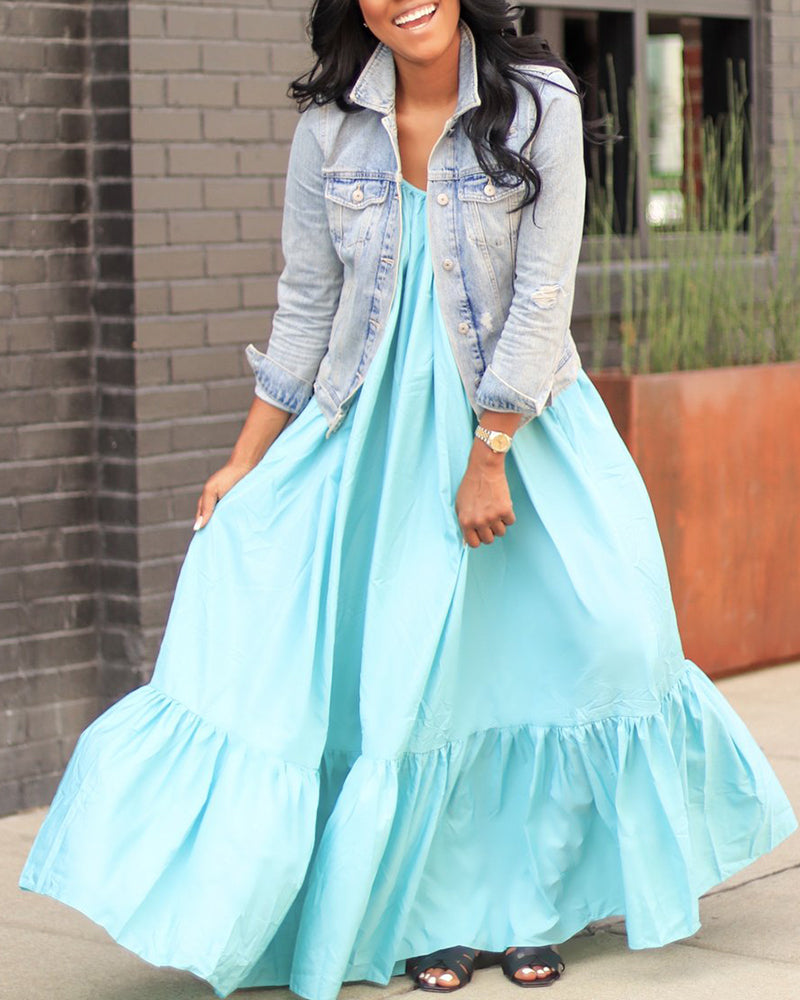 Sling Strap Solid Color Long Dress