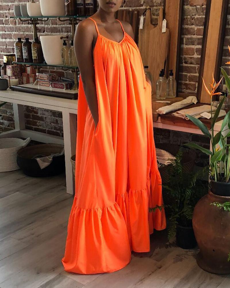 Sling Strap Solid Color Long Dress