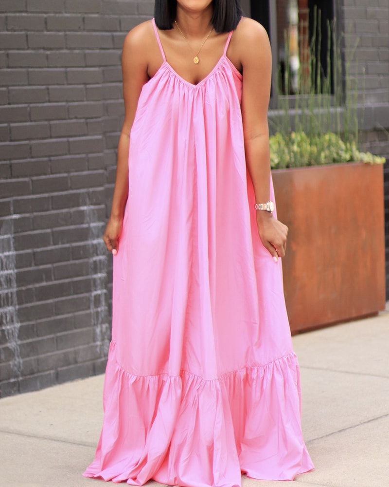 Sling Strap Solid Color Long Dress