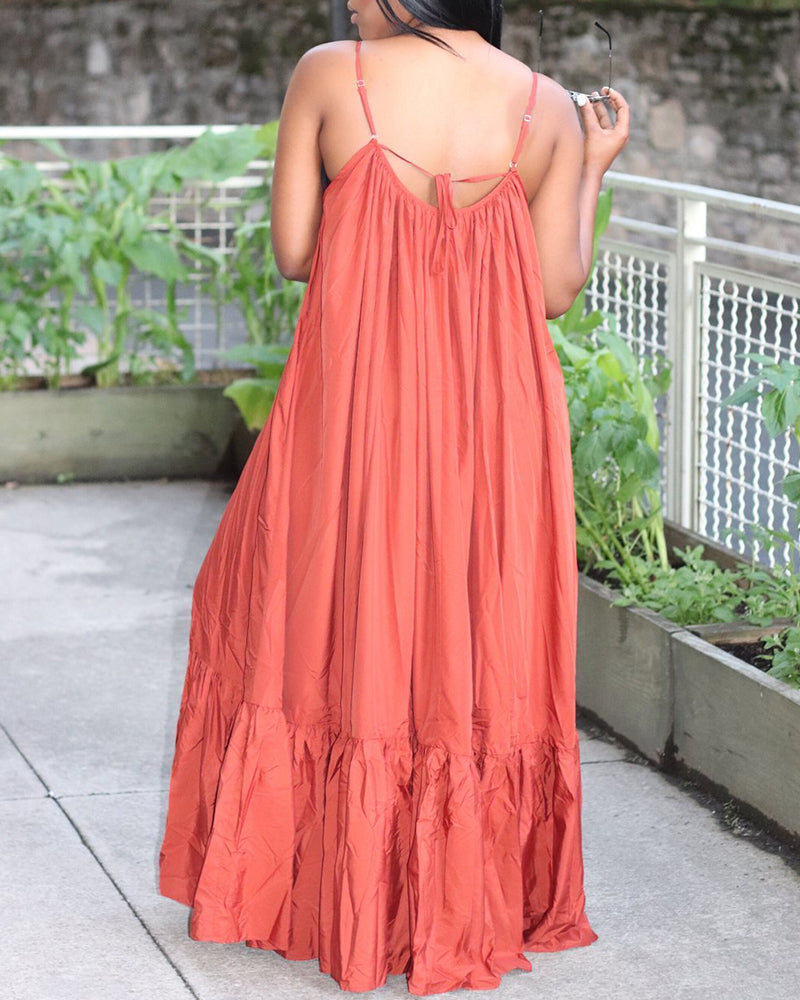 Sling Strap Solid Color Long Dress