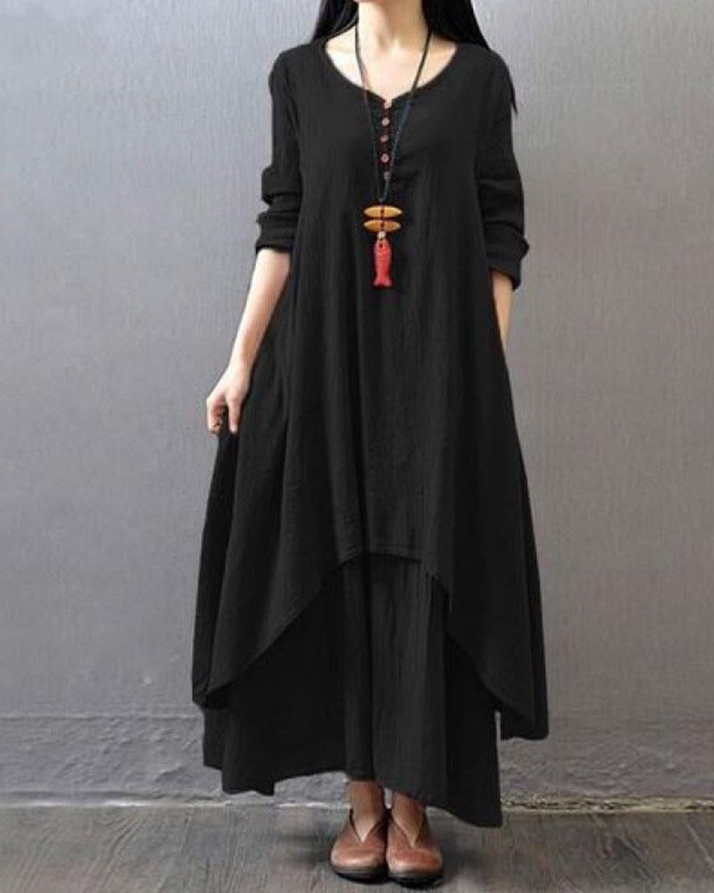 Loose Long Sleeved Cotton Linen Dress