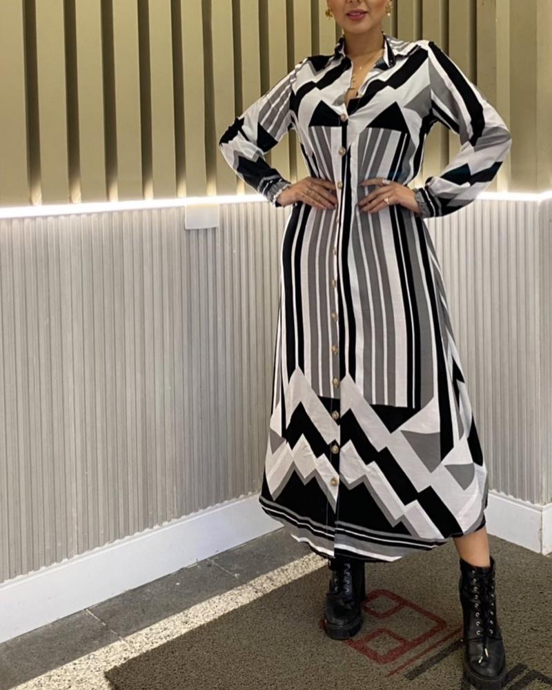 Black And White Striped Printed Long Sleeve Dress