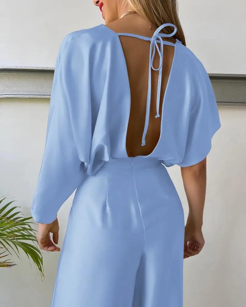 Solid color V-neck short-sleeved satin jumpsuit