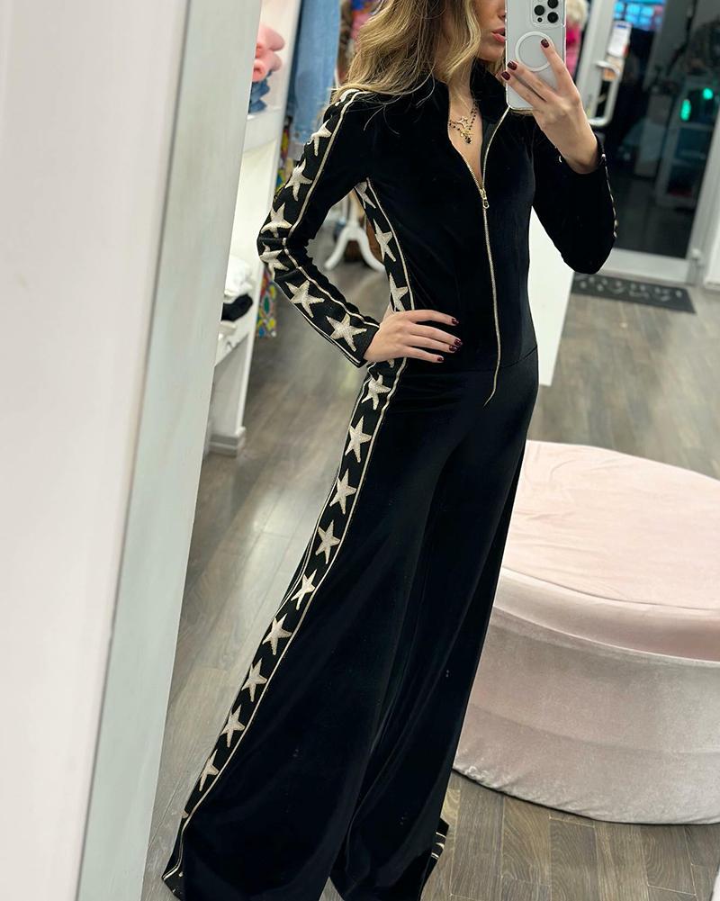 Long-sleeved velvet jumpsuit with zipper