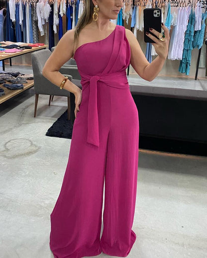 One Shoulder Long Solid Jumpsuit