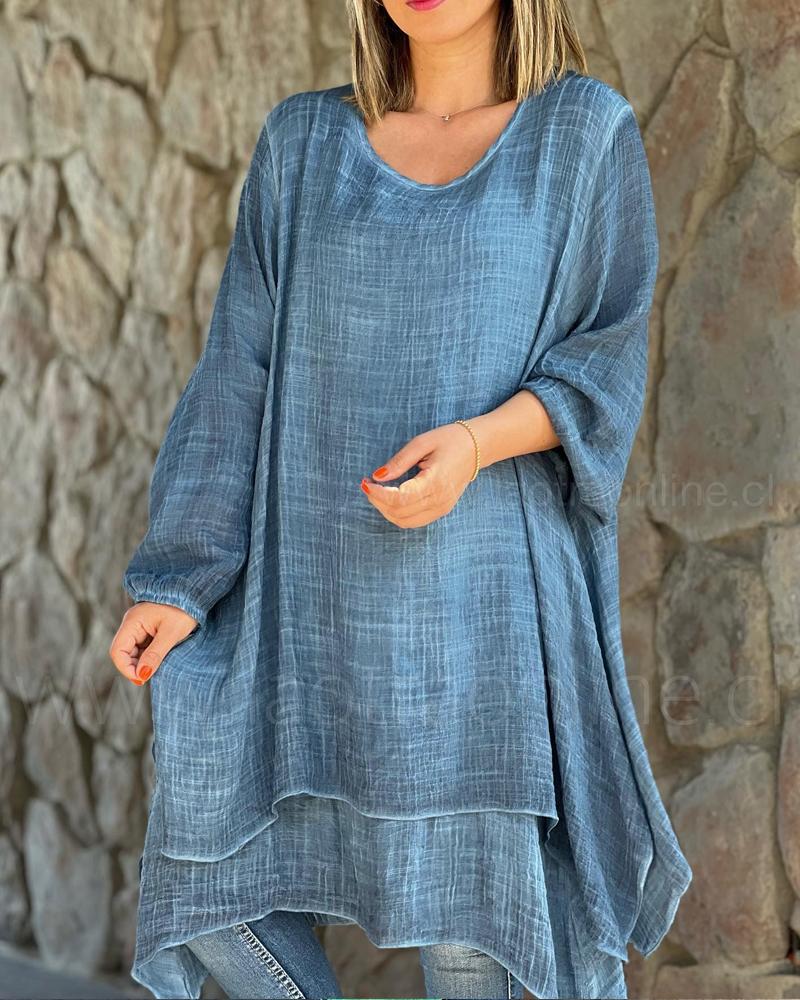 Crewneck Long Sleeve Short Cotton Dress