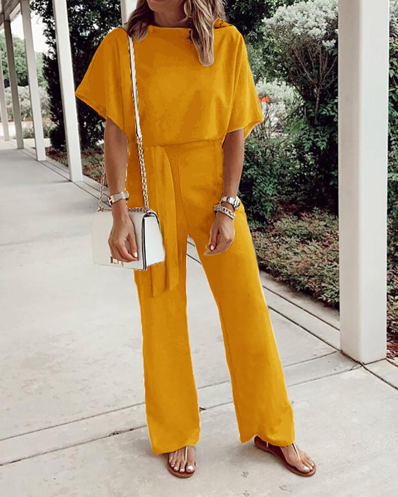 Solid color short-sleeved lace-up jumpsuit