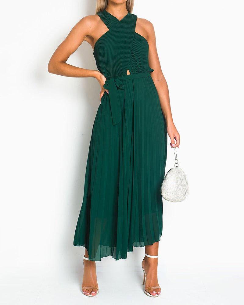 Solid Neck Pleated Dress