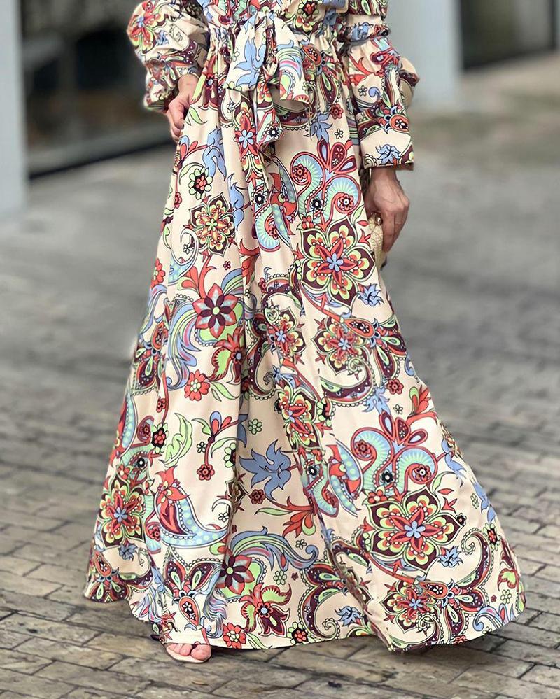 Puff Sleeve Fashion Print Waist Dress