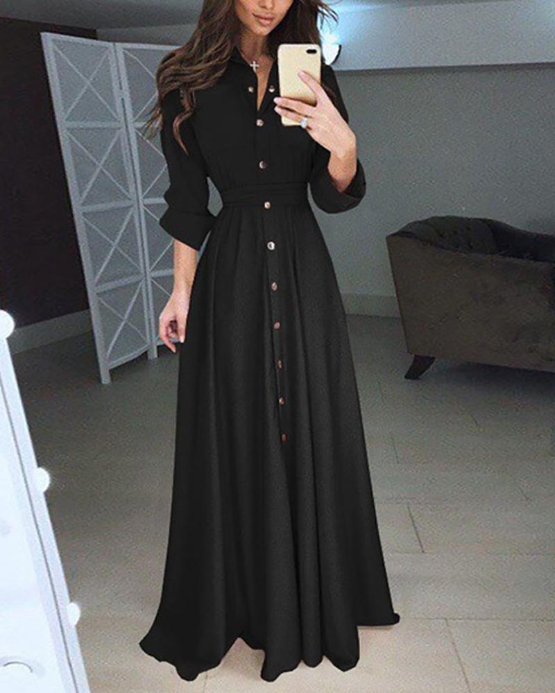 Vintage Long-Sleeve Bohemian Lace-Up Tunic Casual Maxi Dress