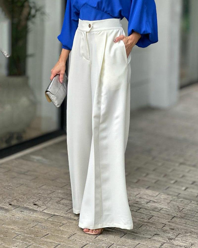 Two-piece set of lantern sleeve shirt & wide-leg pants