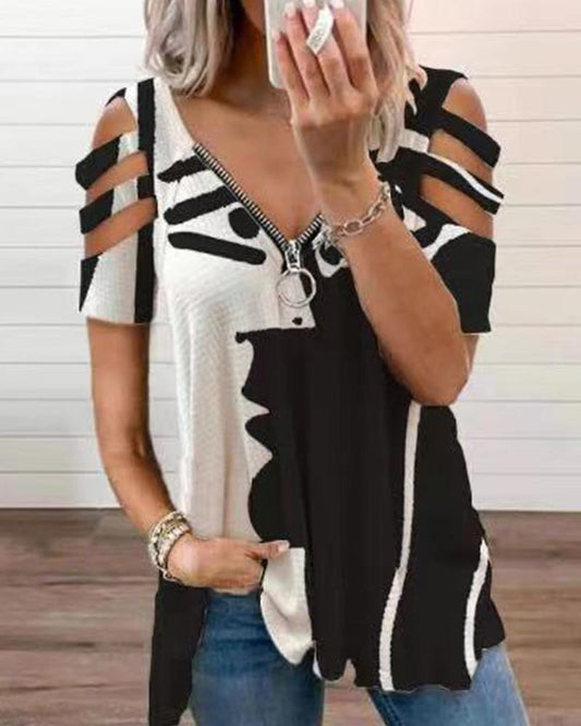 V-neck Zipper Pullover Hollow Print T-shirt