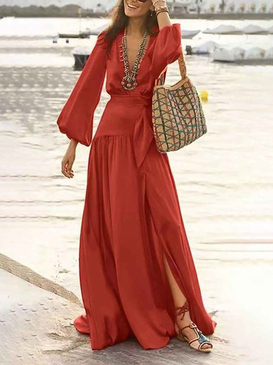 Elegant V-neck puff sleeves slit maxi dress