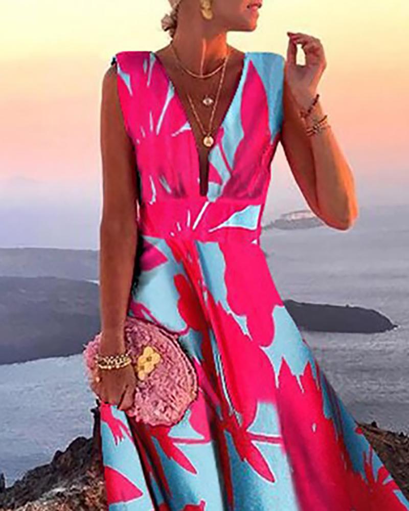 Deep V sleeveless maxi print dress