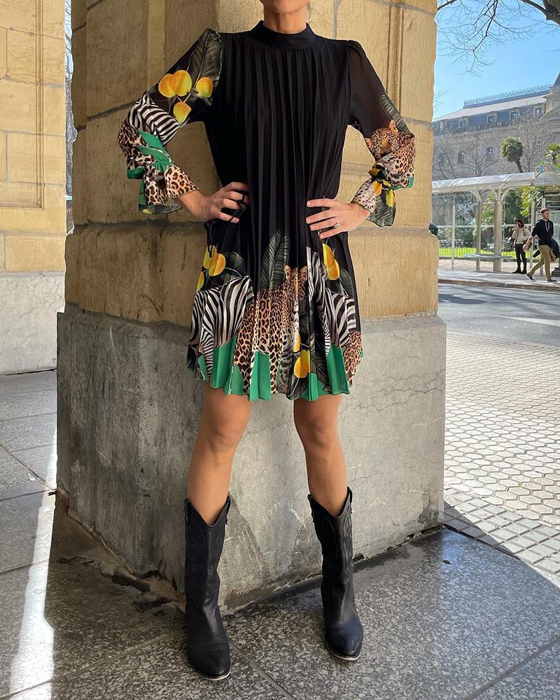 Stylish Long Sleeve Printed Pleated Midi Dress