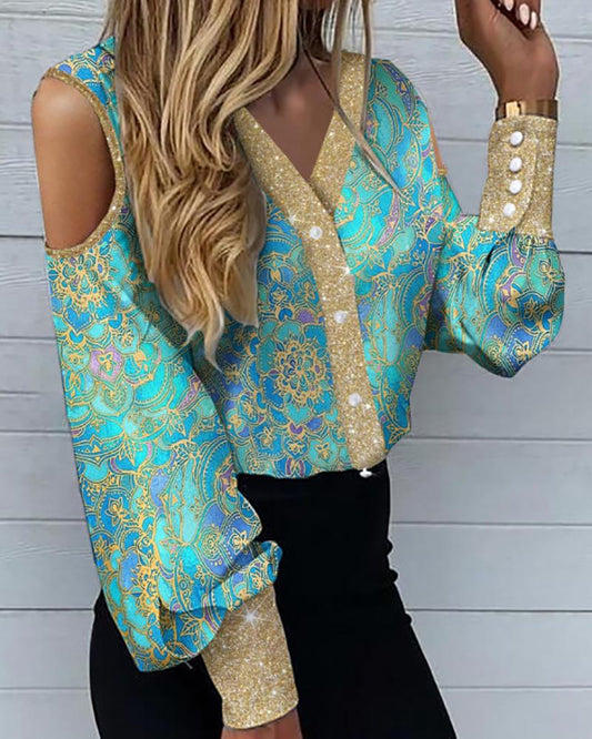 Stylish V-neck off-the-shoulder long-sleeve shirt