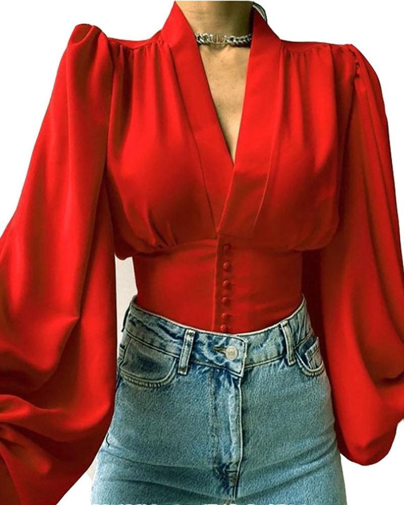 V-neck puff-sleeve top shirt