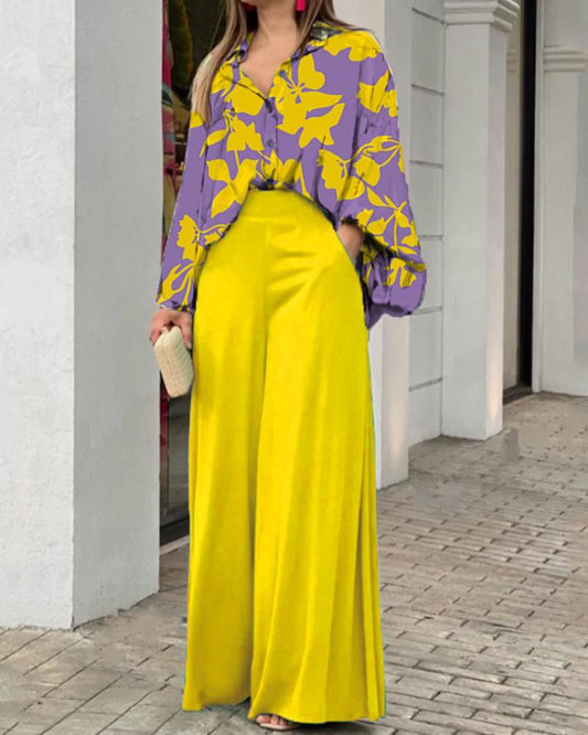 Bubble Sleeve Shirt Top Pants Suit