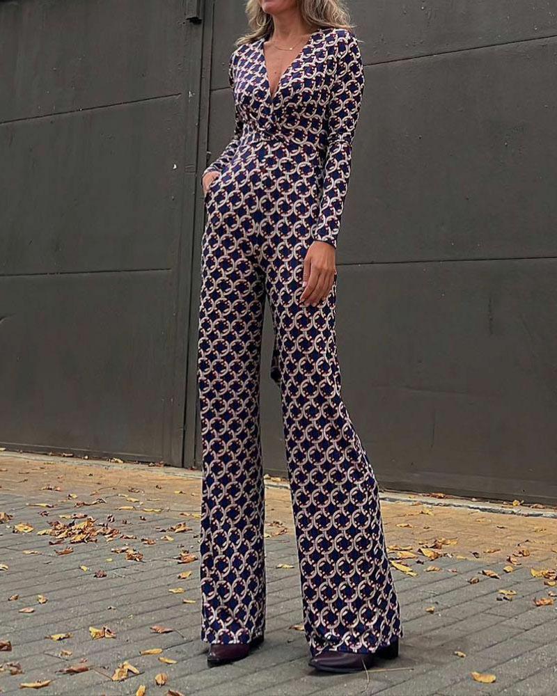 V-neck long-sleeved high-waist printed jumpsuit