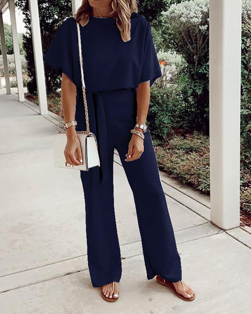 Solid color short-sleeved lace-up jumpsuit