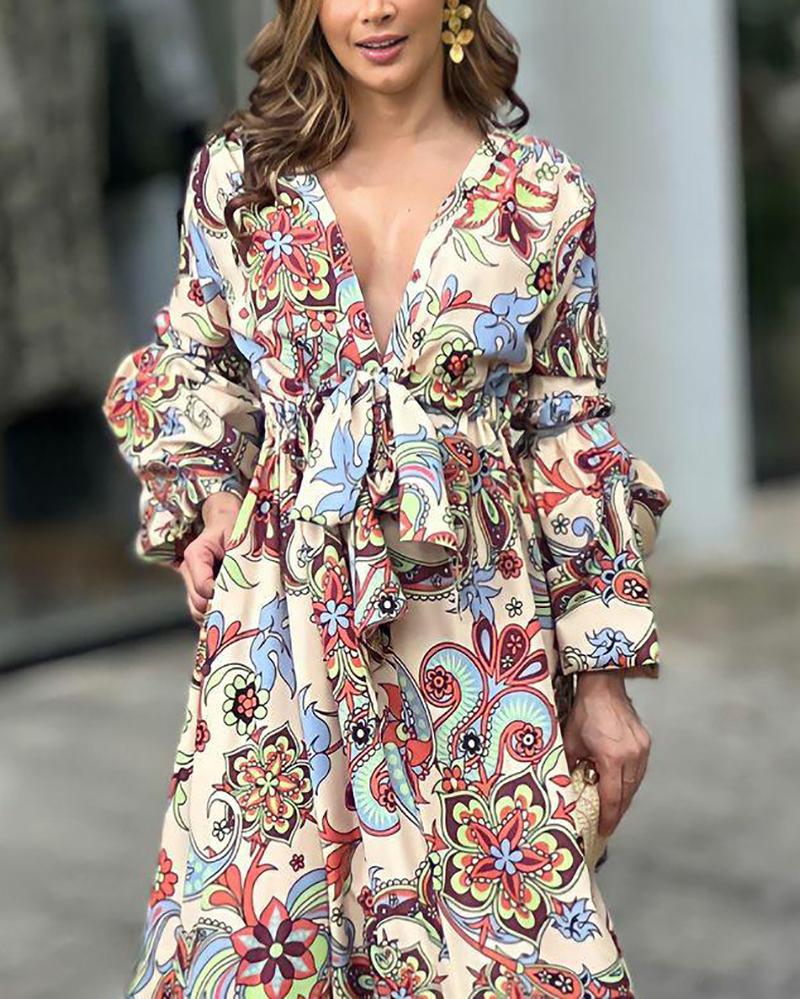 Puff Sleeve Fashion Print Waist Dress