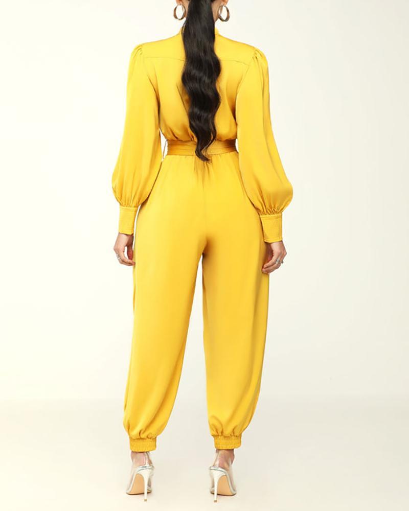 Solid color long sleeve lantern jumpsuit