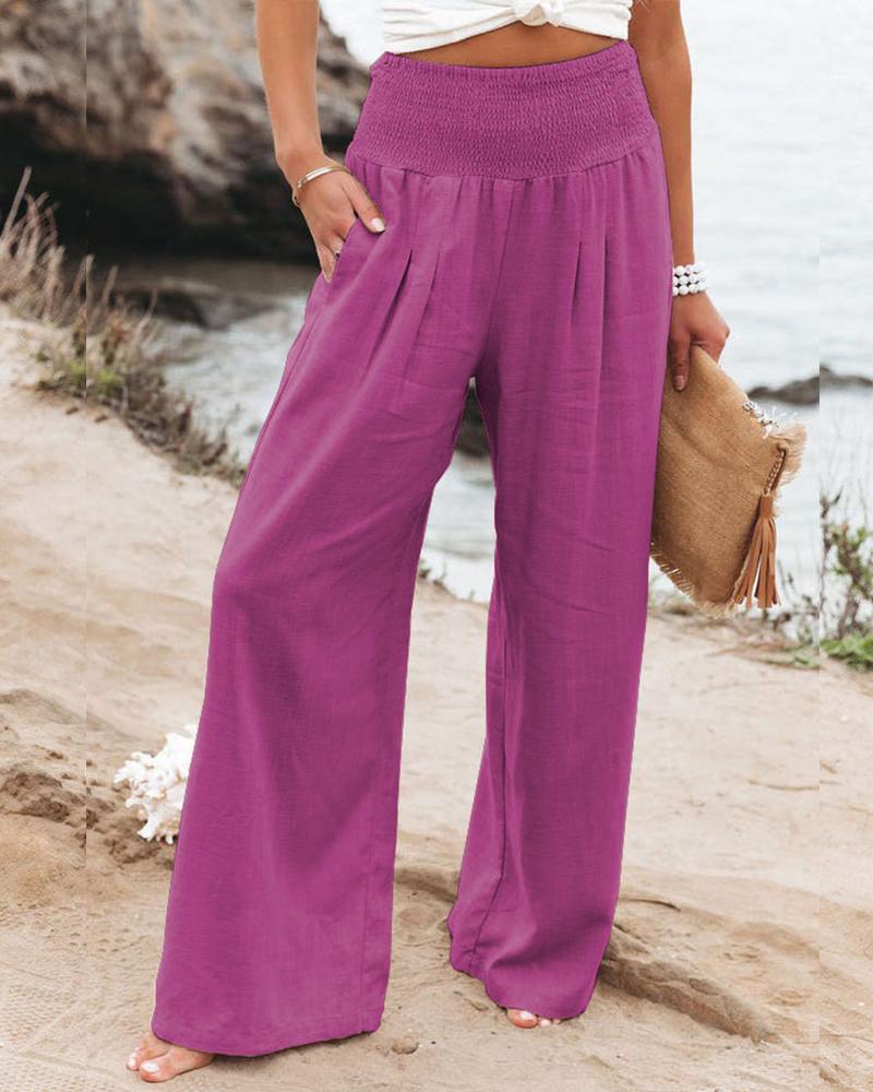 Casual Solid Cotton Linen Wide Leg Pants