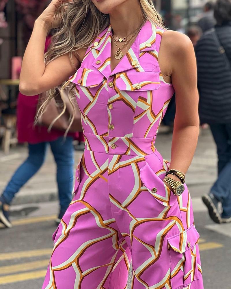 Lapel sleeveless printed jumpsuit