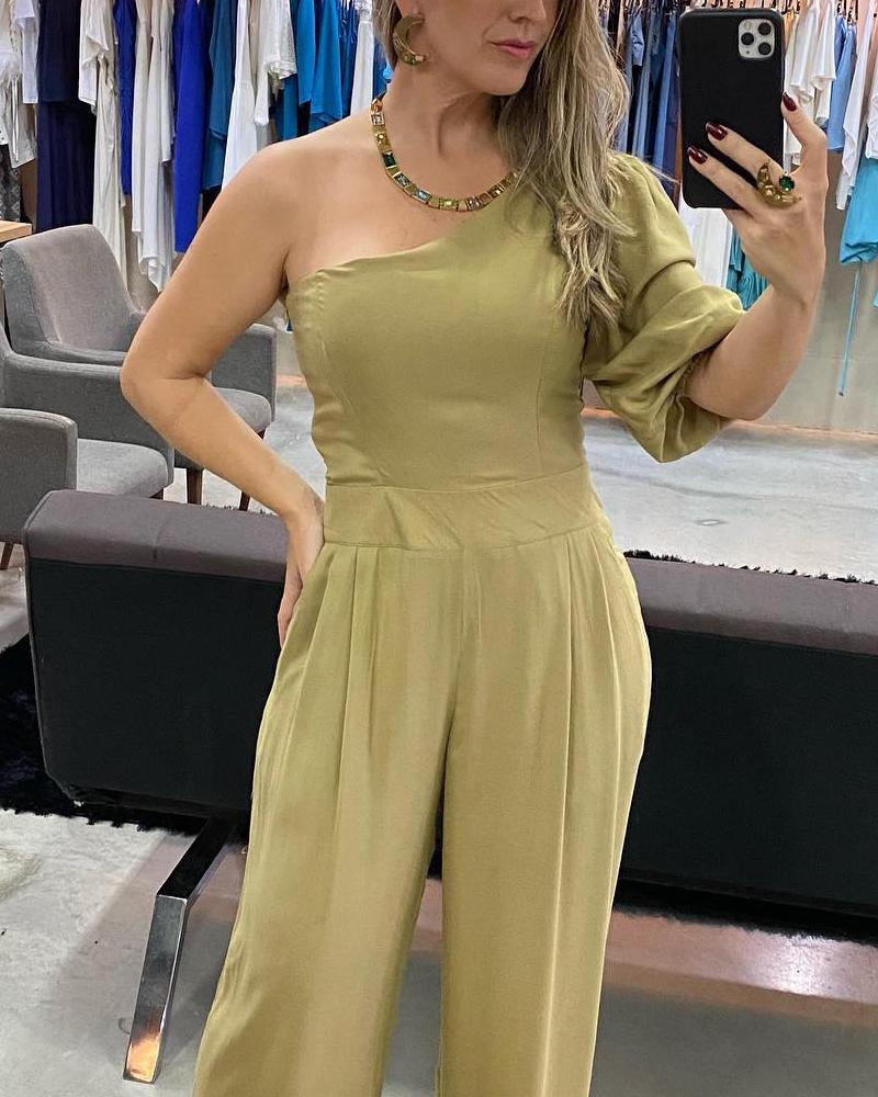 One Shoulder Fashion Casual Solid Jumpsuit