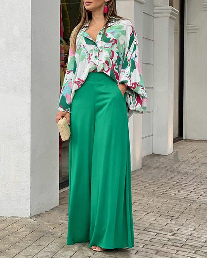 CASUAL PRINT SHIRT & WIDE LEG PANTS TWO-PIECE SET