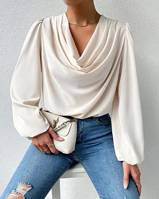 Loose Draped V-Neck Long Sleeve Top