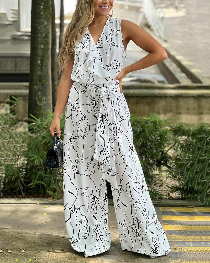 Sleeveless Lineart Print Jumpsuit