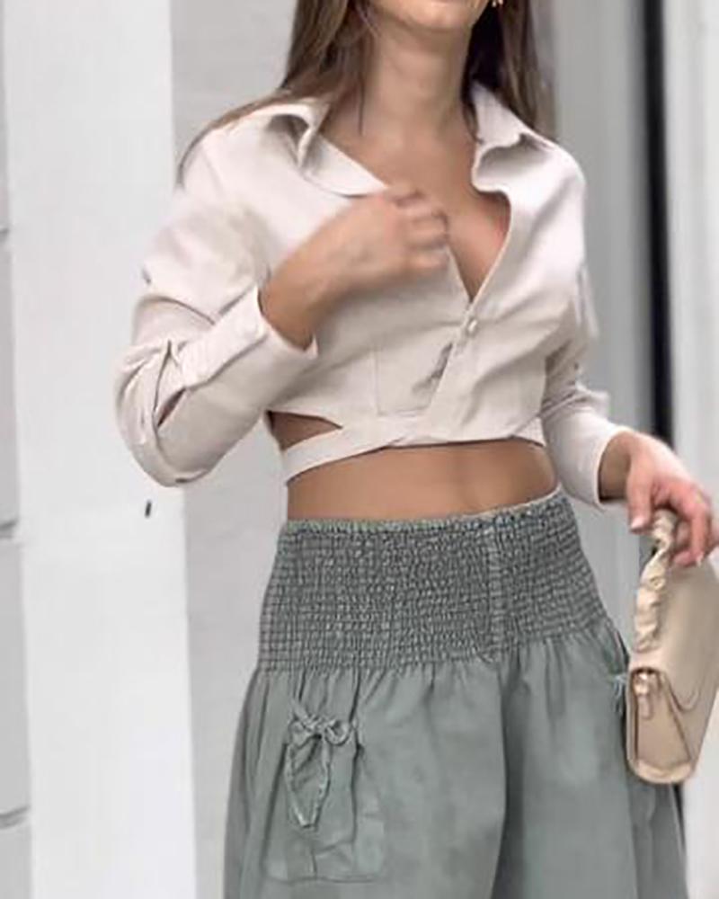 Casual Two Piece Set of Long Sleeve Cropped Shirt & Pleated Pants