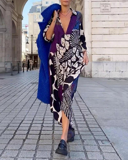 Trendy V Neck Long Sleeve Printed Dress