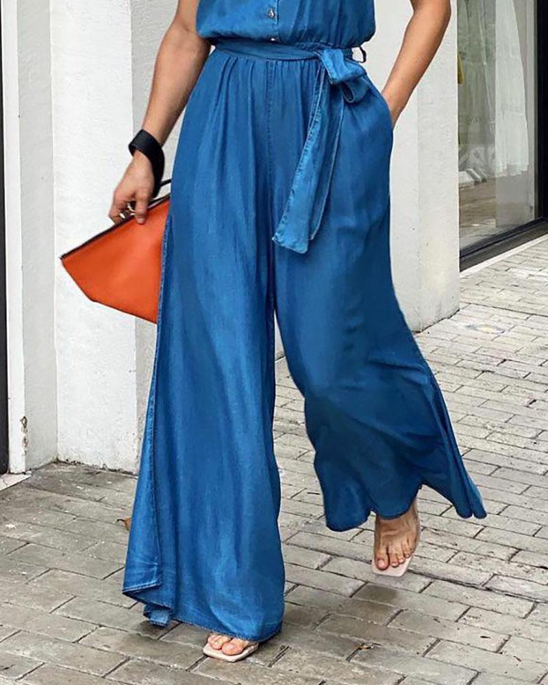 Solid V-Neck Sling Wide-Leg Jumpsuit