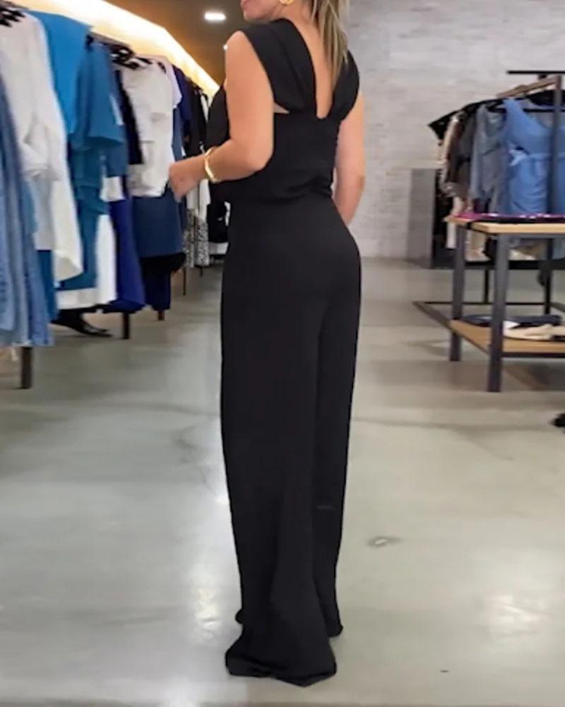 Solid color halter neck high waist jumpsuit