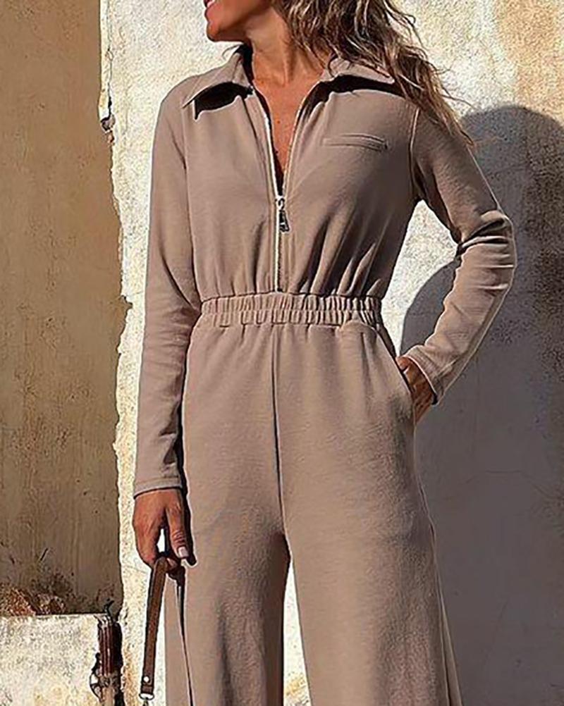 Casual Solid Color Lapel Long Sleeve Jumpsuit