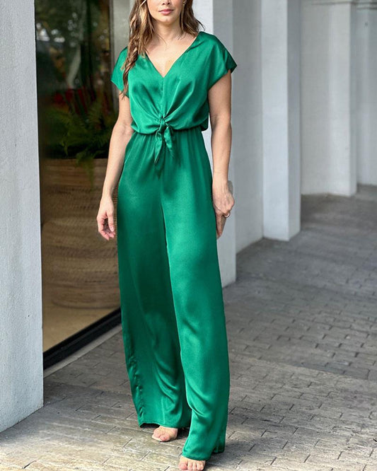 Solid color V-neck jumpsuit