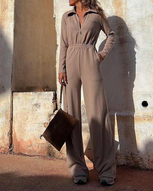 Casual Solid Color Lapel Long Sleeve Jumpsuit