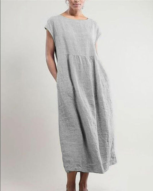 Solid Color Sleeveless Loose Cotton Linen Pocket Dress