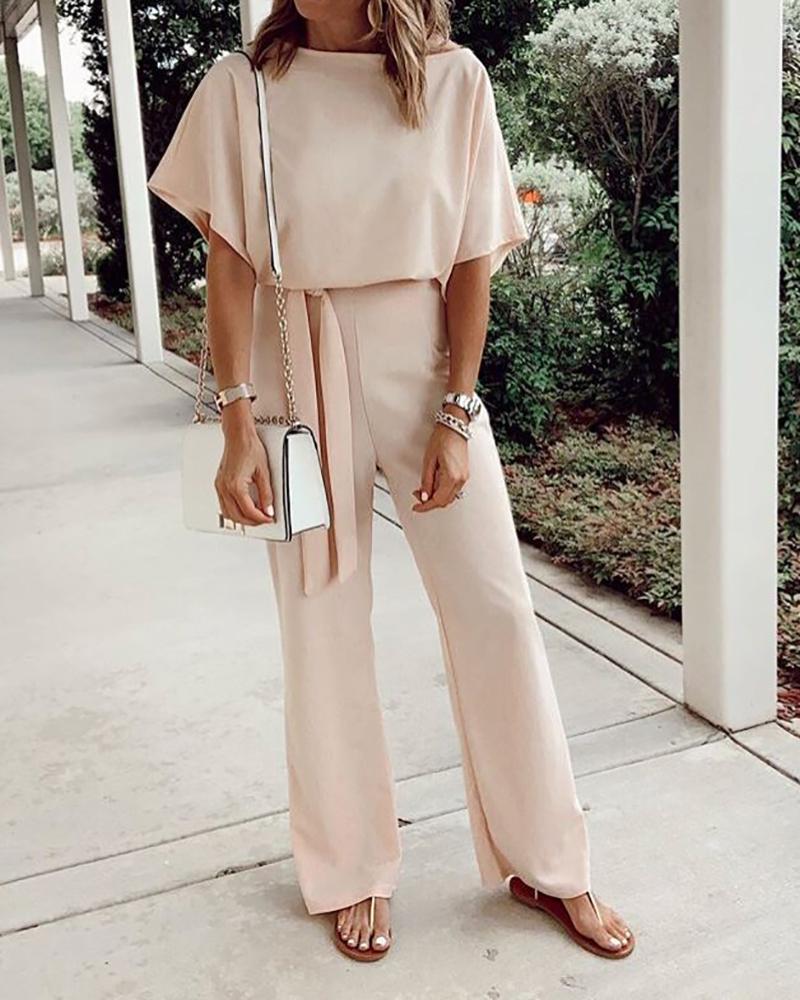 Solid color short-sleeved lace-up jumpsuit