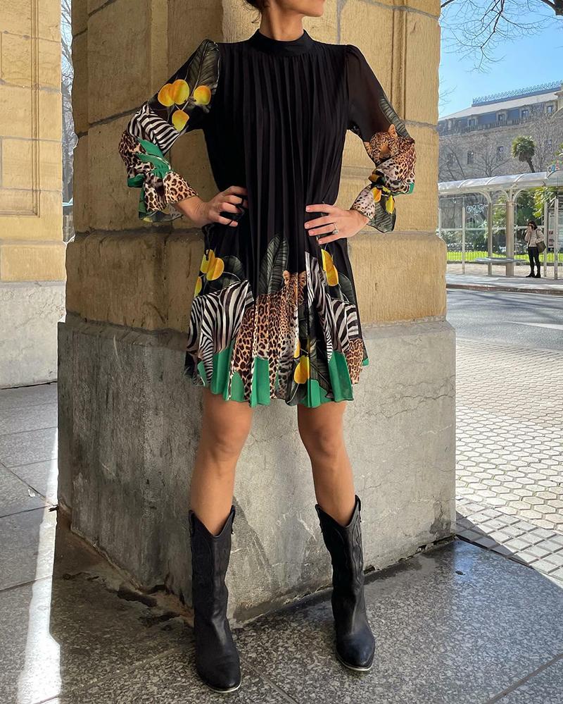 Stylish Long Sleeve Printed Pleated Midi Dress