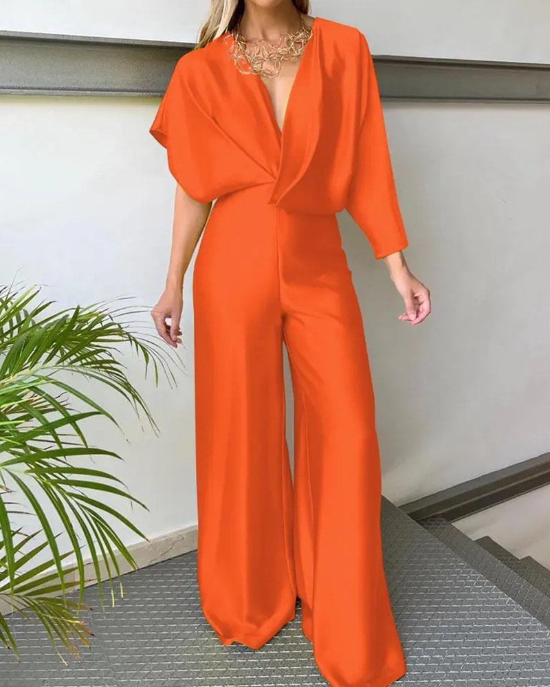 Solid color V-neck short-sleeved satin jumpsuit