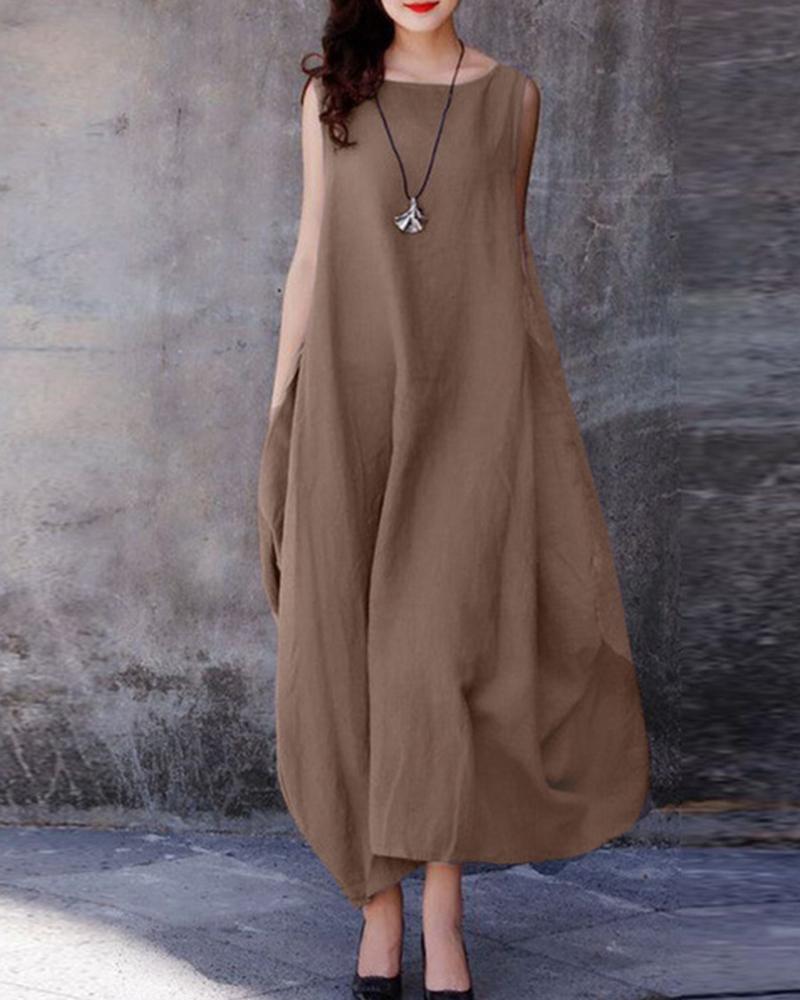 Cotton Linen Loose Large Hem Casual Solid Dress